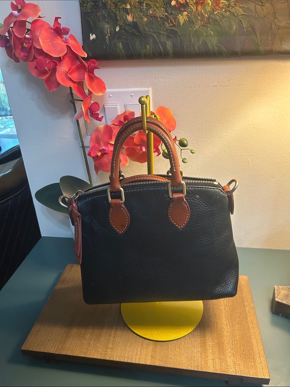 Dooney & Bourke Black Leather Mini Satchel with Brown Handles - Picture 2 of 10